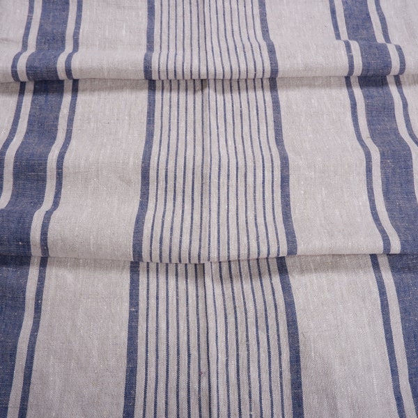 Heavy Weight Striped Linen fabric by the yard or meter in navy BLUE  260 gr/m2, 140cm width Linen fabric for upholstery, curtains sack linen