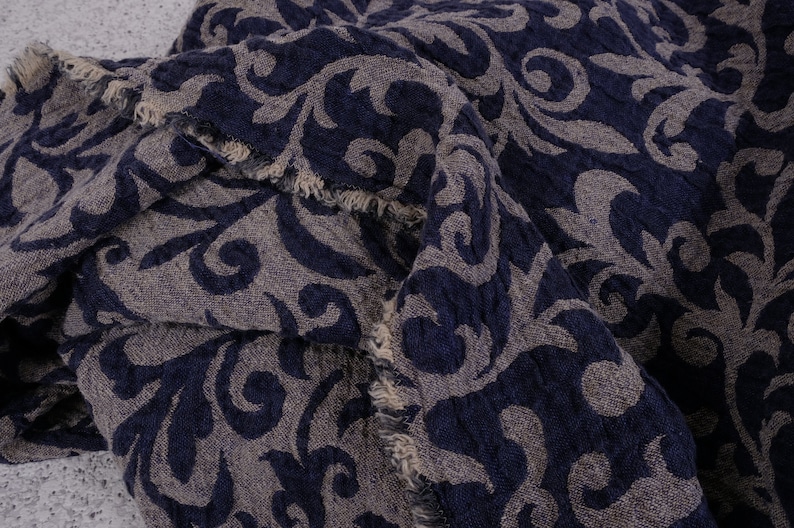 DAMASK jacquard weave Heavy weight linen fabric by the yard meter blue navy 150 cm width 240 gsm heavyweight upholstery sturdy paisley