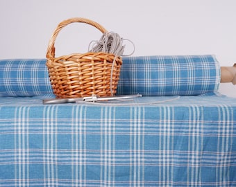 Gingham blue linen fabric by the yard by the meter checked heavy linen checks special  rustic flax