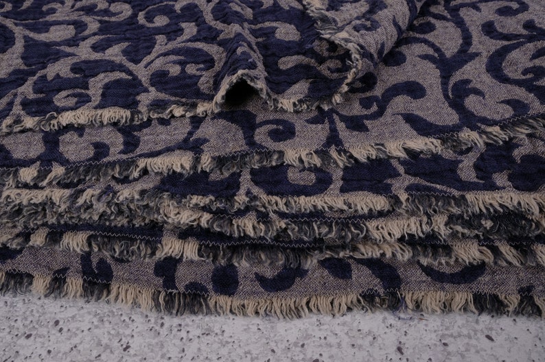DAMASK jacquard weave Heavy weight linen fabric by the yard meter blue navy 150 cm width 240 gsm heavyweight upholstery sturdy paisley