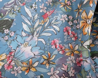 BLUE flower print linen fabric floral flax for sewing dresses  digital print flax fabricmid century hippie vibe spiritual