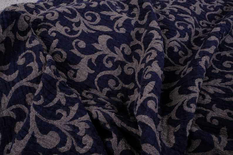DAMASK jacquard weave Heavy weight linen fabric by the yard meter blue navy 150 cm width 240 gsm heavyweight upholstery sturdy paisley
