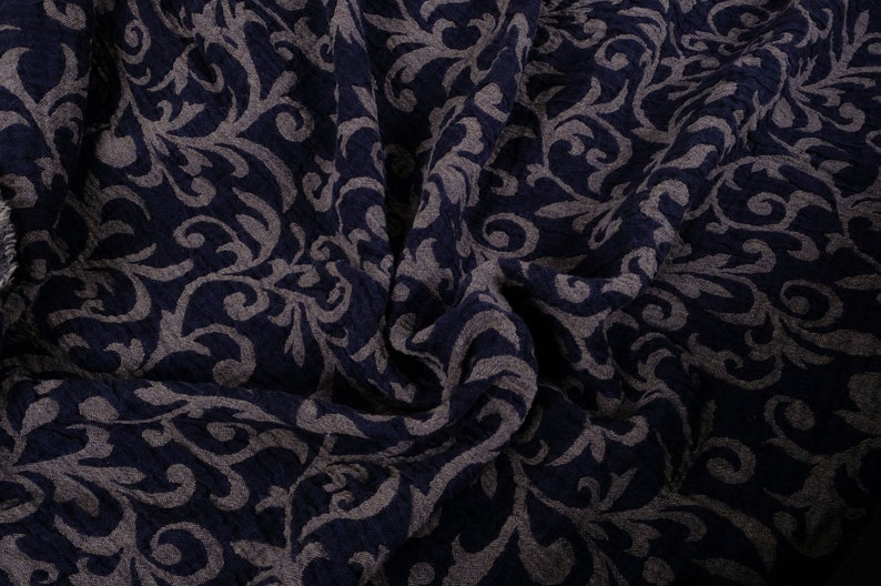 DAMASK jacquard weave Heavy weight linen fabric by the yard meter blue navy 150 cm width 240 gsm heavyweight upholstery sturdy paisley