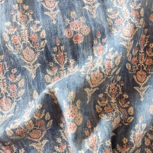 Tela estampada azul, tela de lino grueso con estampado floral rojo, cortada a medida por metro, 150 cm de ancho, 240 g/m², para tapicería, tapicería natural para habitación infantil.