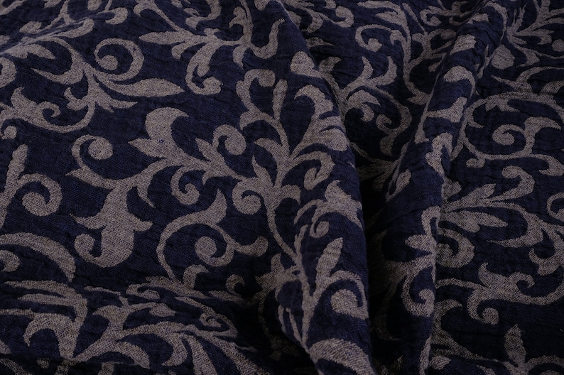DAMASK jacquard weave Heavy weight linen fabric by the yard meter blue navy 150 cm width 240 gsm heavyweight upholstery sturdy paisley