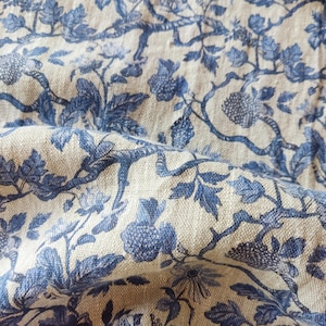 Zware linnen stof met blauwe boomprint per meter op maat gesneden 150 cm breed 240 gsm bekleding natuurlijke kinderkamerbekleding