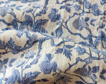 Blue tree print heavy weight linen fabric  by the yard by the meter 150 cm width  240 gsm upholstery natural nursery upholstery