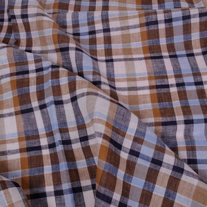 Linen fabric with checks in Grey blue BROWN lightweight linen fabric   for curtains sewing gingham fabric classic  checked