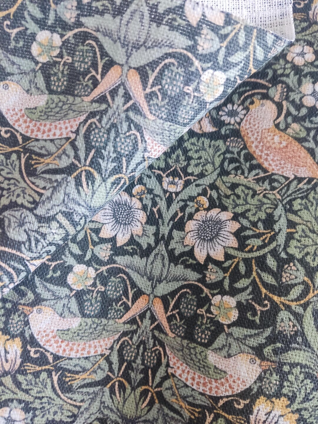 LINEN PRINT BIRD Heavy Weight Linen Fabric Toile Upholstery Natural ...