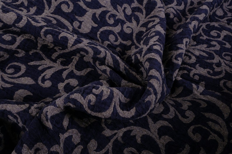 DAMASK jacquard weave Heavy weight linen fabric by the yard meter blue navy 150 cm width 240 gsm heavyweight upholstery sturdy paisley