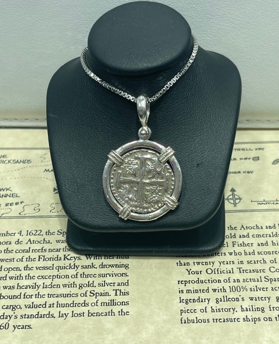 Atocha Shipwreck Coin Pendant On Rope Chain - 925 Sterling Silver, Handmade Sunken Treasure Jewelry