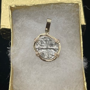 Atocha mini shipwreck treasure Mel fisher silver coin pendant in 14k real gold bezel