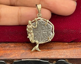 Beautiful Atocha shipwreck treasure Mel fisher silver coin pendant in 14k solid gold mermaid bezel