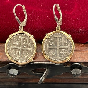 Atocha Shipwreck Treasure Mel fisher silver coin earrings in 14k gold bezel