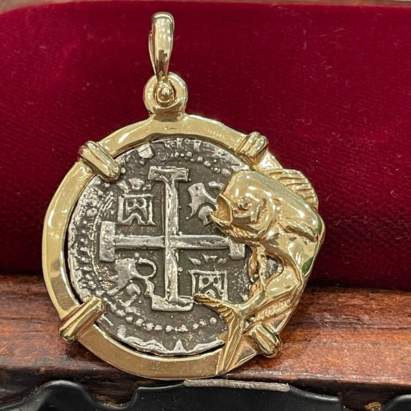 Atocha shipwreck treasure mel fisher silver coin pendant in 14k solid real gold mahi mahi fish bezel