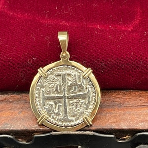 Atocha Shipwreck Treasure Mel fisher silver coin pendant in 14k gold bezel