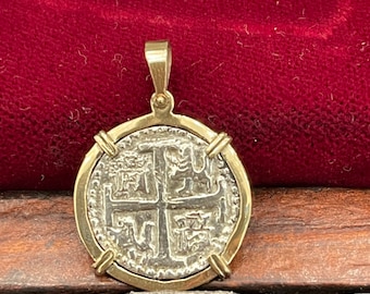 Atocha Shipwreck Treasure Mel fisher silver coin pendant in 14k gold bezel