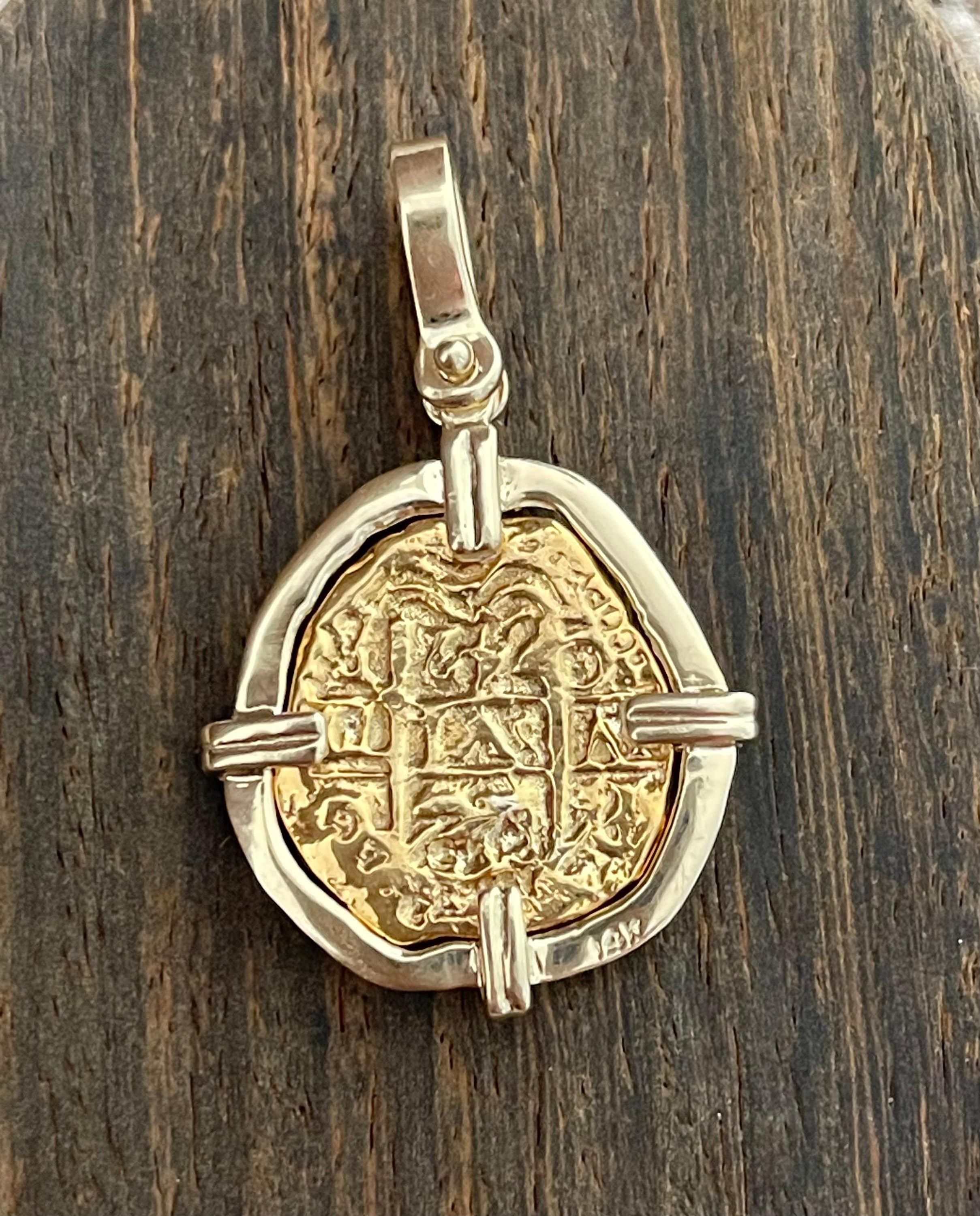 NUESTRA SENORA DE ATOCHA SILVER COIN PENDANT IN 14KT SOLID GOLD BEZEL