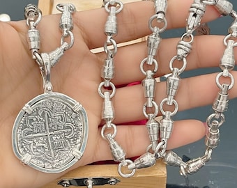 Solid Atocha shipwreck treasure Mel fisher silver coin pendant with very solid heavy 925 sterling silver swivel chain 24” long