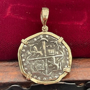 Solid Atocha shipwreck treasure Mel fisher silver coin pendant in 14k solid gold bezel