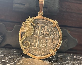 Atocha Silver Coin Pendant In 14kt Gold seahorse Bezel Made From Atocha Silver