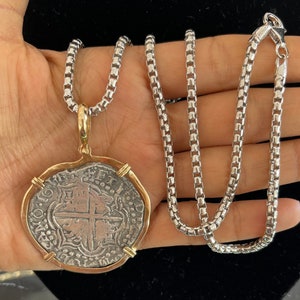 Atocha shipwreck treasure Mel fisher silver coin pendant in 14k solid gold bezel with solid 925 sterling silver box chain 22” long