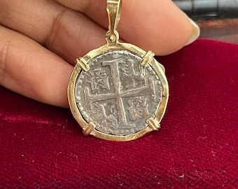 Atocha shipwreck treasure Mel fisher silver coin pendant in 14kt solid gold bezel