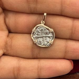 Mini atocha shipwreck treasure Mel fisher silver coin pendant in 14k gold bezel