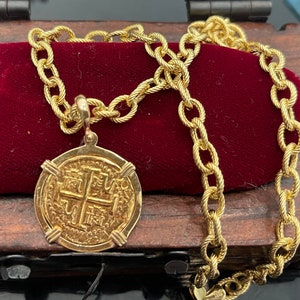 14k solid gold Atocha shipwreck treasure Mel fisher gold coin pendant with 14k solid real gold handmade money chain