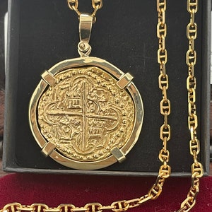 14k Solid Gold Atocha Coin Pendant with Anchor Chain
