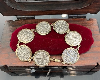 Atocha Shipwreck Silver Coin Bracelet: Mel Fisher Treasure, 14k Gold Bezel, 8”