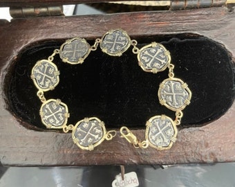 Atocha shipwreck treasure Mel fisher silver coin bracelet in 14kt gold bezel and links
