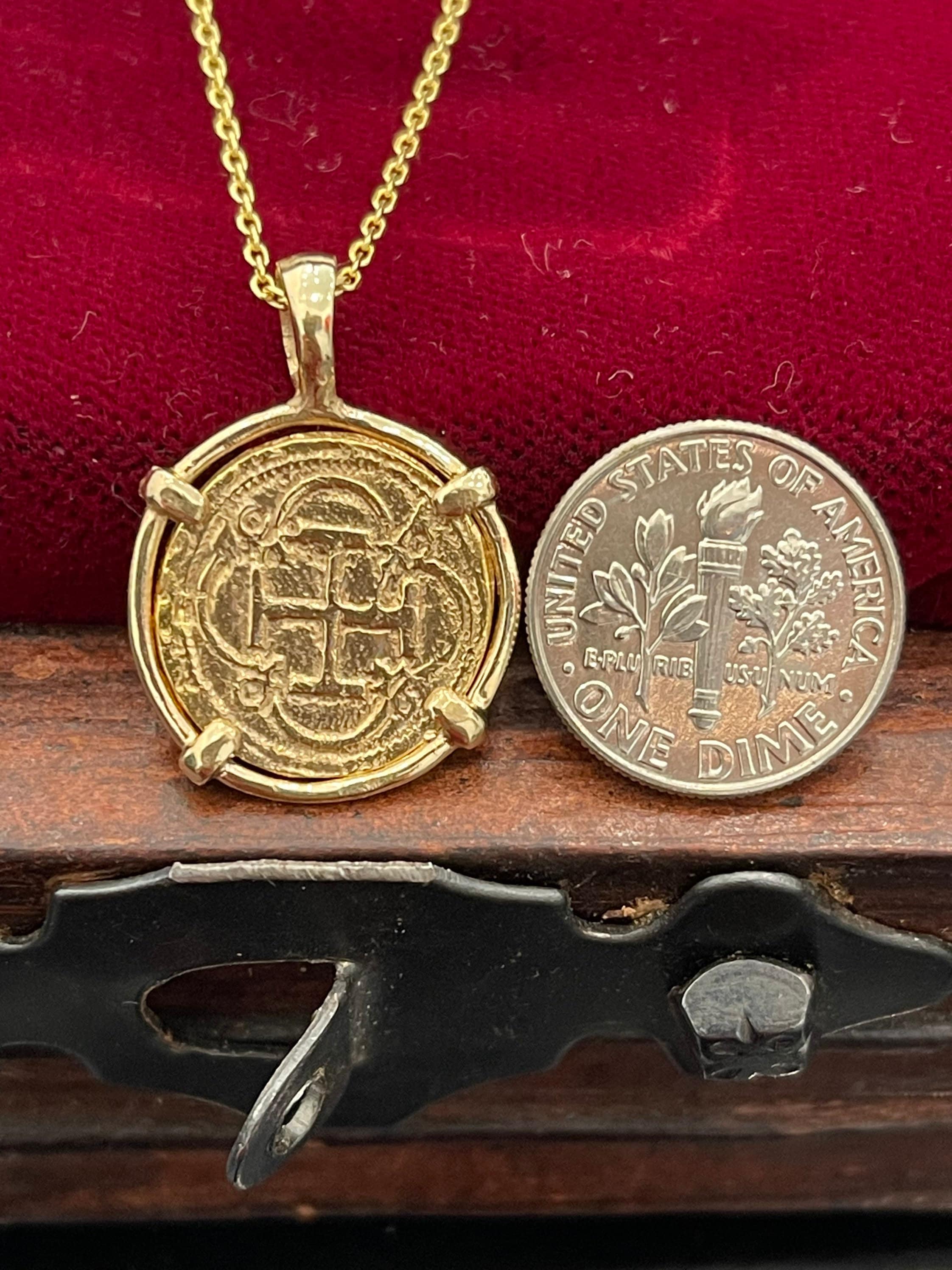 Pendentif Réplique De Pièce Atocha En Or Massif 14 Carats - Collier Fait Main Neuf Avec étiquettes