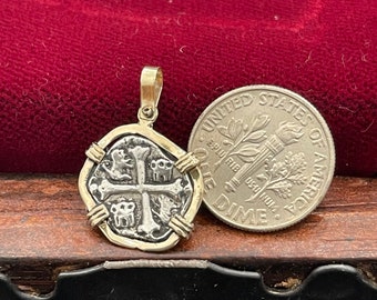 Atocha Shipwreck Treasure Mel fisher silver coin pendant in 14kt solid gold bezel