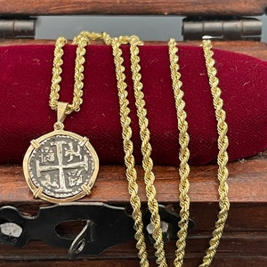 Atocha Silver Coin Pendant: 14k Gold Bezel, 10k Gold Rope Chain