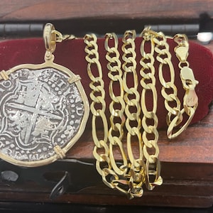 Atocha Shipwreck Silver Coin Pendant: 14k Gold Bezel, Figaro Chain 24”