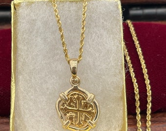 14k gold atocha gold coin pendant with 14k gold rope chain 18” long
