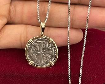Atocha Shipwreck Silver Coin Pendant: 14k Gold Bezel, Sterling Silver Chain