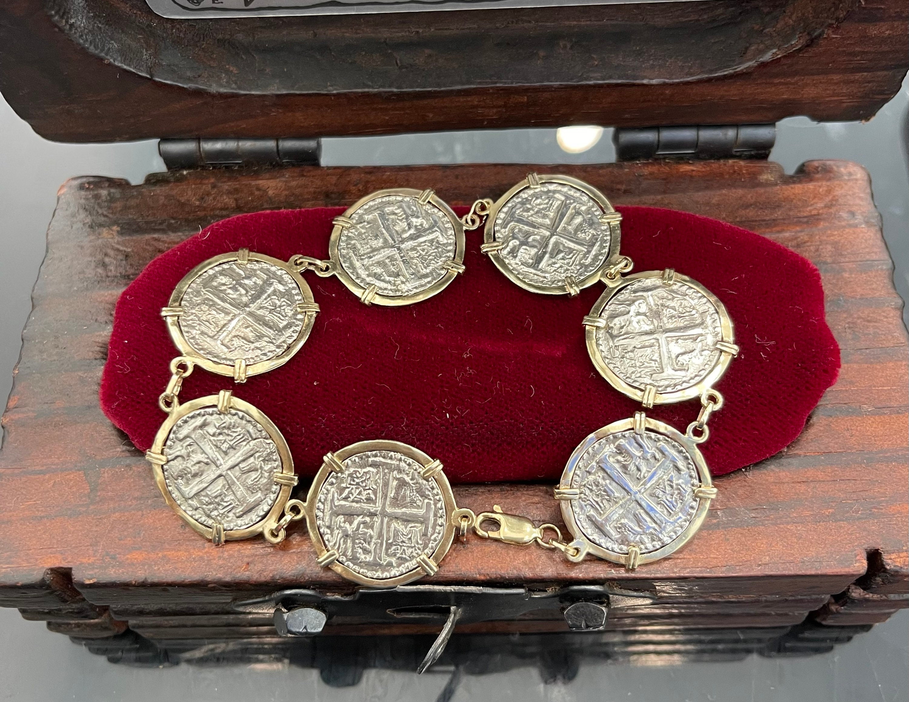 Atocha shipwreck treasure Mel fisher silver coin bracelet in 14k solid gold bezel