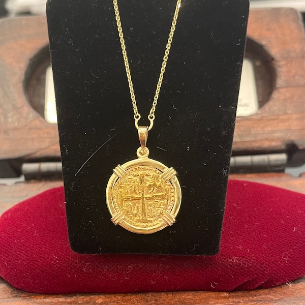 14k Solid Gold Atocha Coin Pendant Necklace: Adjustable Chain