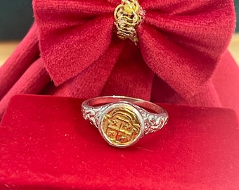 Handmade Recreation of14k real gold coin ring in atocha silver band