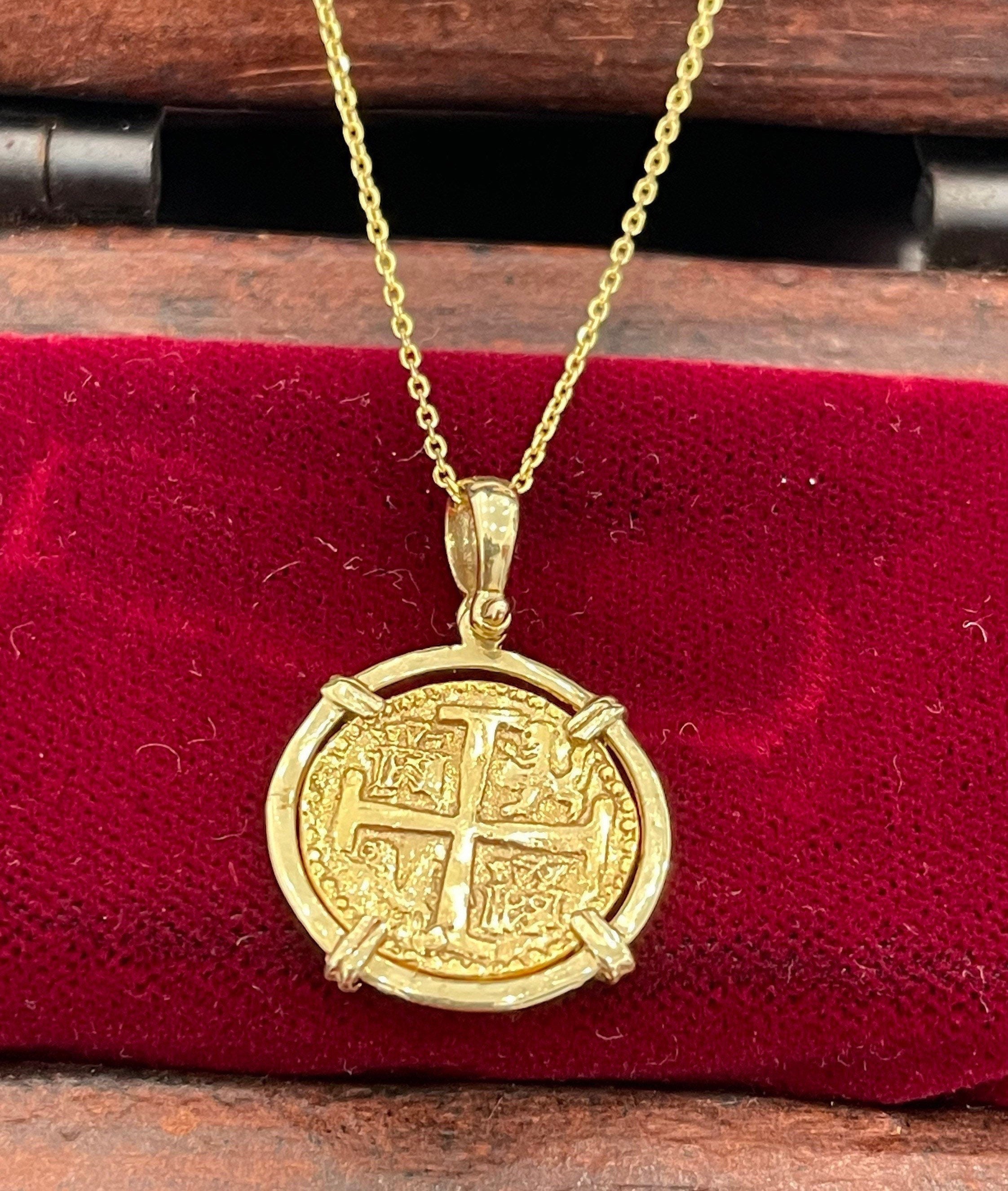 14k Atocha shipwreck treasure Mel fisher gold coin pendant with 14k gold chain 20” long