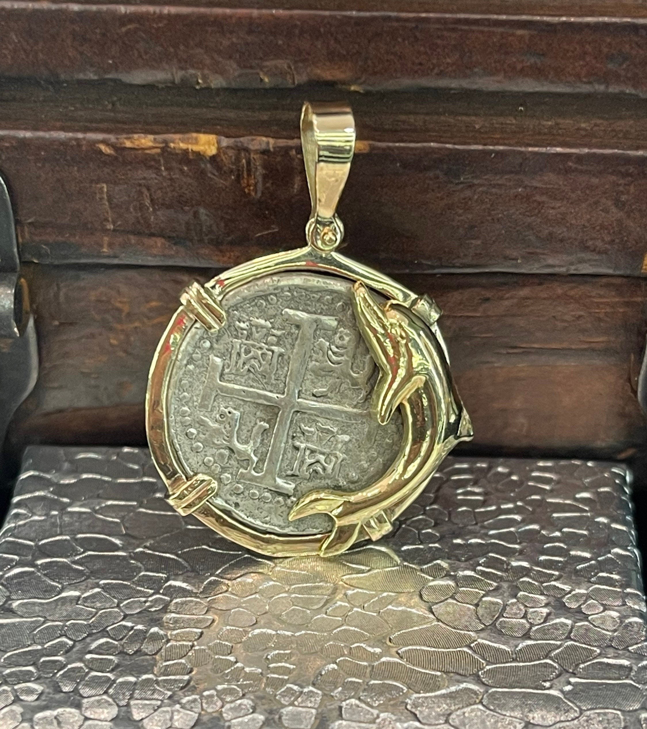 Atocha shipwreck treasure Mel fisher silver coin pendant in 14k gold dolphin bezel