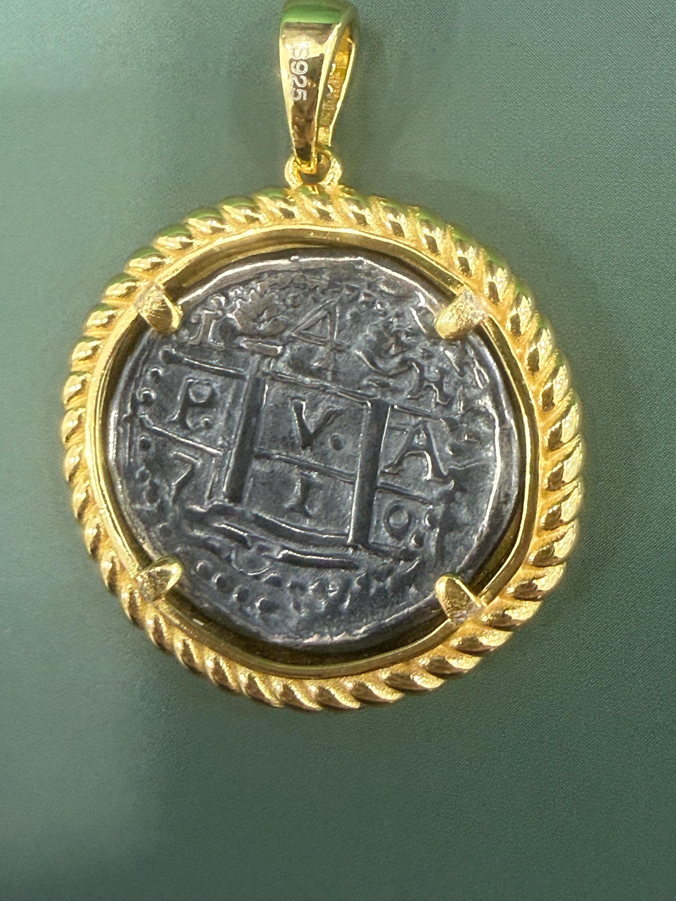 Stone Inlay Coin Atocha Shipwreck Coin Pendant: 925 Sterling Silver, 14k Gold Inlay ...