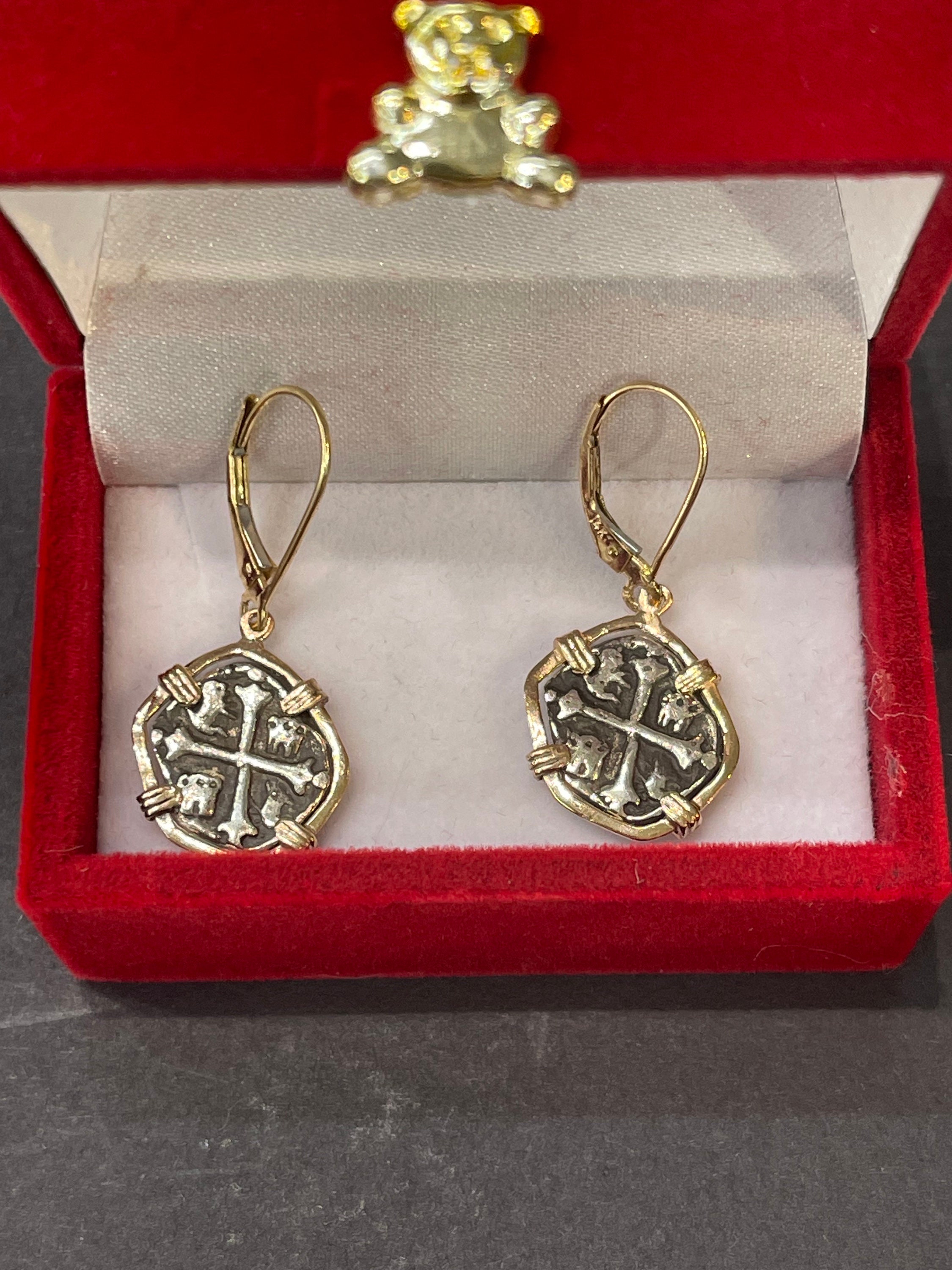 Atocha Shipwreck Silver Coin Earrings: 14k Gold Bezel Leverback