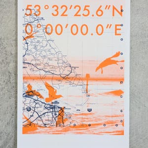 May include: A vintage map print with orange and black ink. The map shows a coastal area with roads and towns. The coordinates 53°32′25.6″N 0°00′00.0″E are printed in orange at the top of the map.