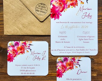 faire-part, faire-part mariage, invitation mariage, wedding cards, orange, fuchsia, mariage pep's