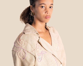 Trench coat long sleeves / Trench coat linen / Beige trench coat / Hand embroidery