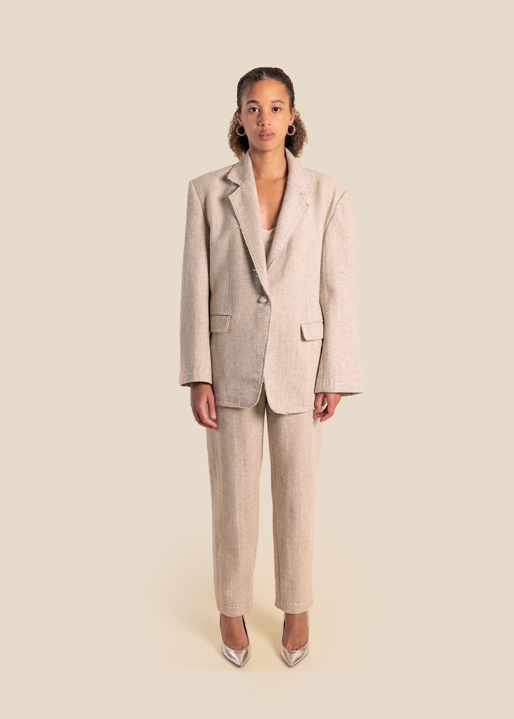 Oversized Wool Blazer, Beige Tailored Suit Jacket With Embroidery  display picture 1
