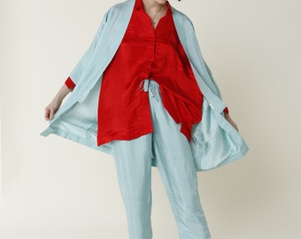 Silk pajamas set / Silk pants / Silk long sleeves kimono / Two piece pajamas